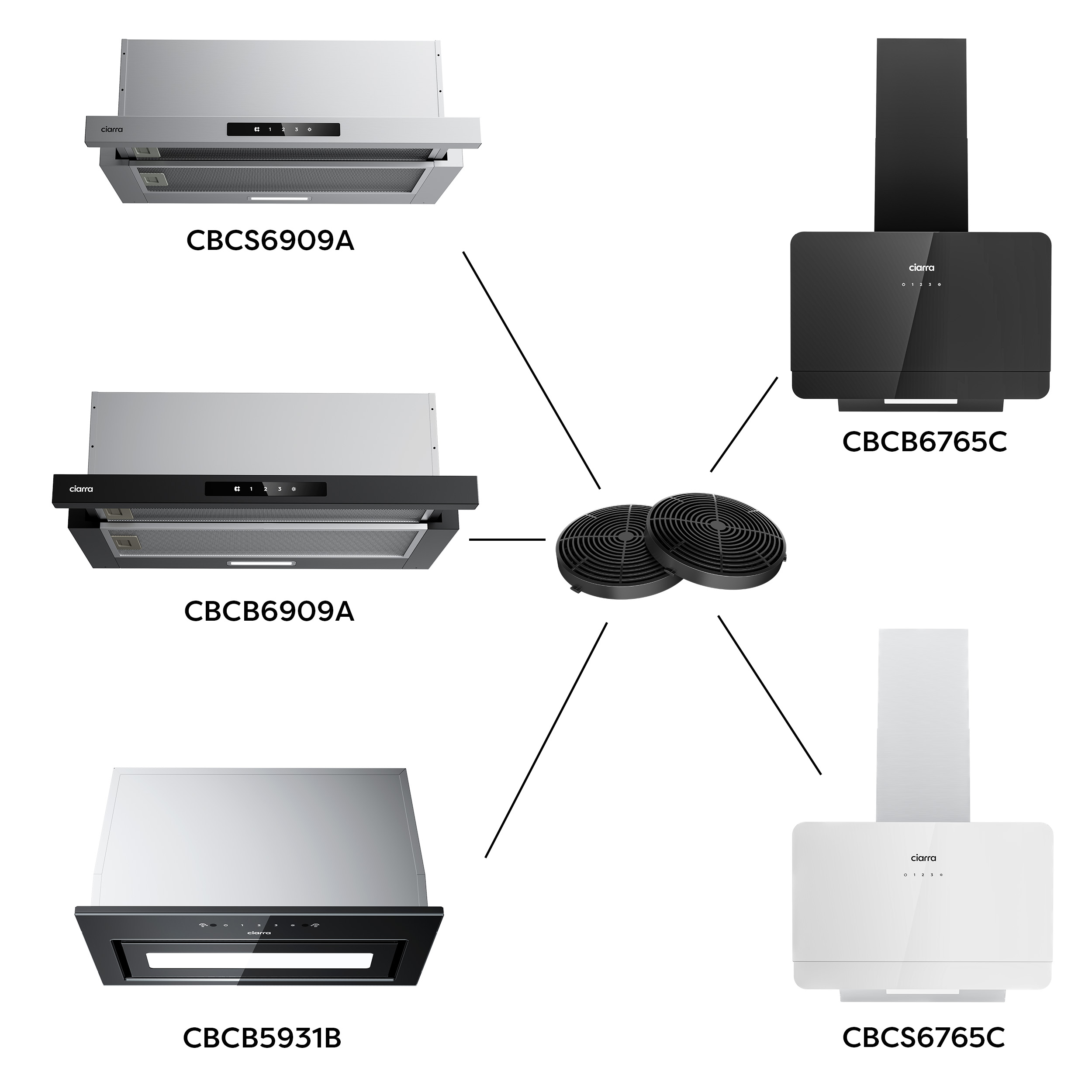 Multiple range hoods. Different designs, including stainless steel and black models, are shown against a white background.