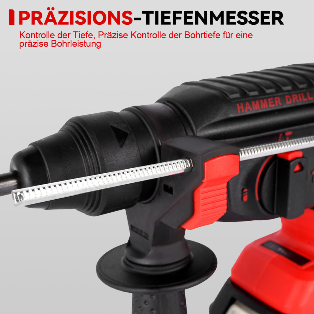 Nahaufnahme eines roten und schwarzen Hammerbohrers. Es hebt eine Präzisions-Tiefenmessung für genaue Bohrleistung hervor.
