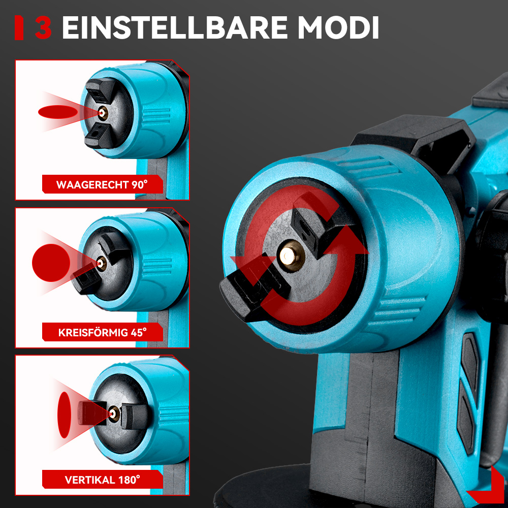Primer plano de una pistola pulverizadora azul que muestra 3 modos ajustables: 90 grados, 45 grados y 180 grados.