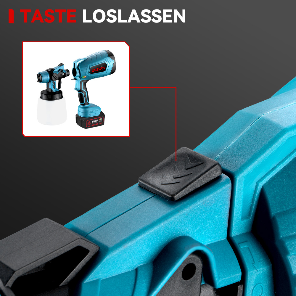 Primer plano del gatillo de la pistola pulverizadora azul, que muestra el botón y una pistola pulverizadora más pequeña.