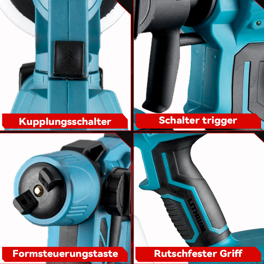 Primer plano de una pistola pulverizadora azul, que muestra los botones de control y un agarre antideslizante.