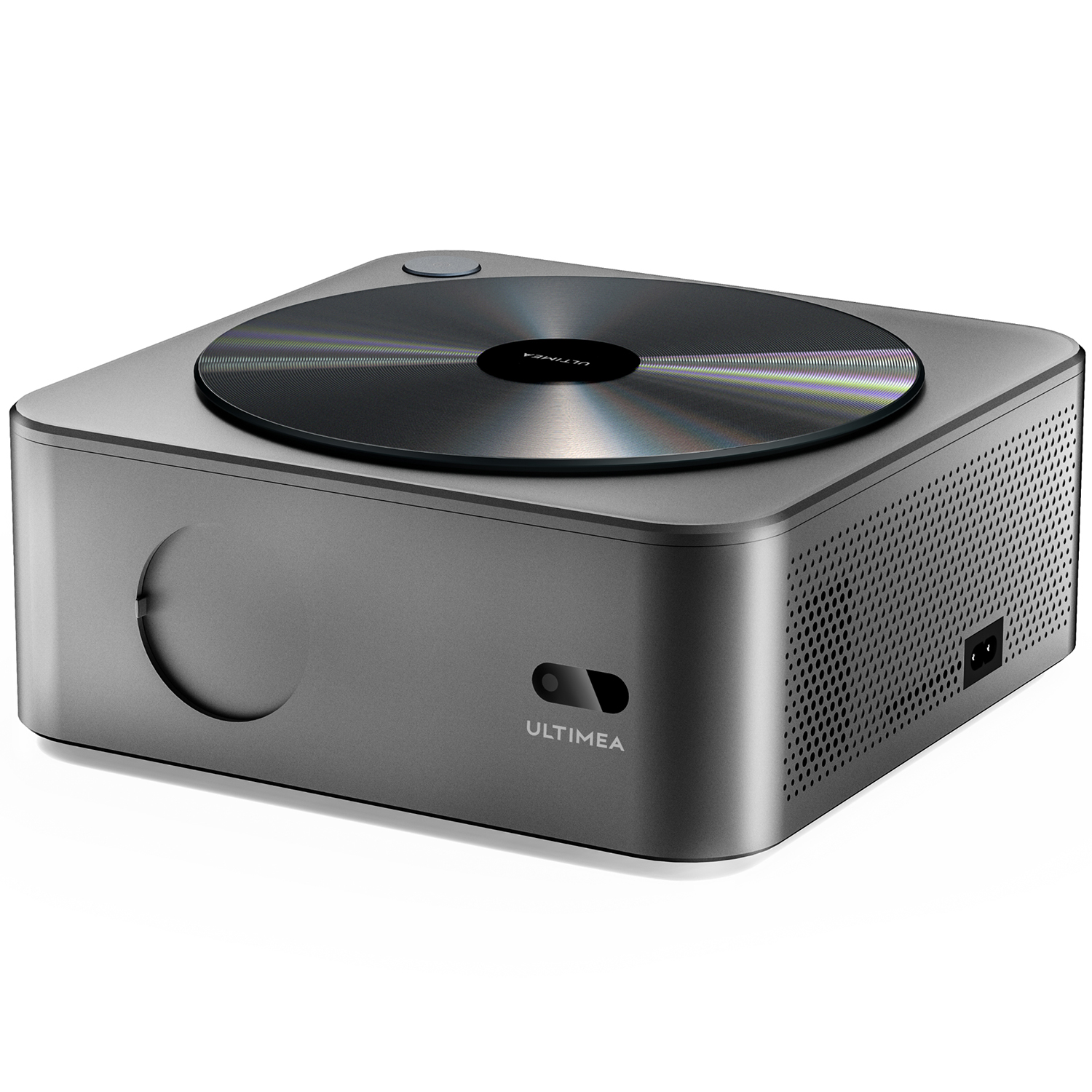 Srebrny projektor z okrągłym blatem i ciemnym okręgiem na nim. Ma przycisk i napis ULTIMEA z boku.