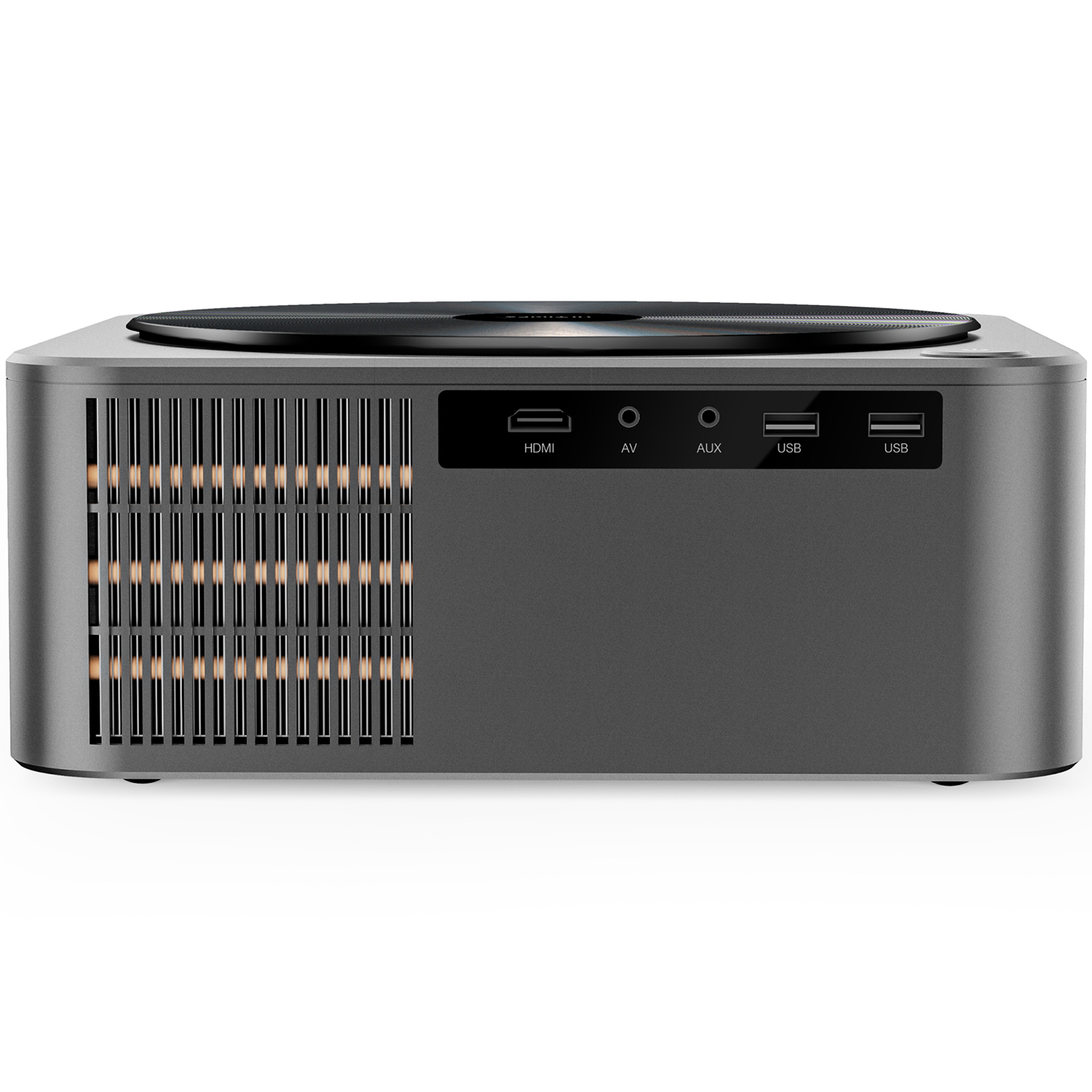 Szary projektor z okrągłym blatem i wieloma portami. Ma napis ULTIMEA. Z przodu znajdują się porty wejściowe.