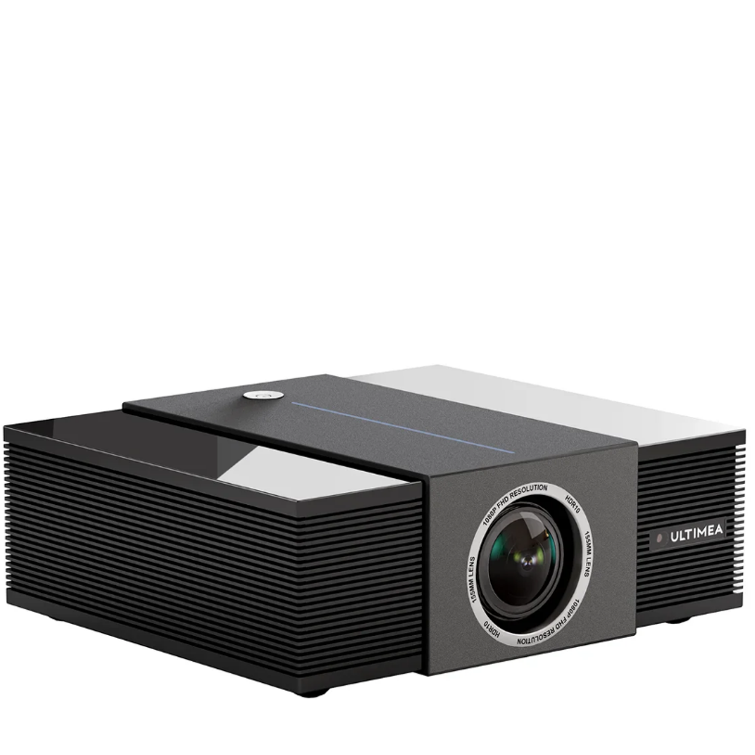 A black and white projector. It has a lens, the word ULTIMEA on the side, and a power button on top.