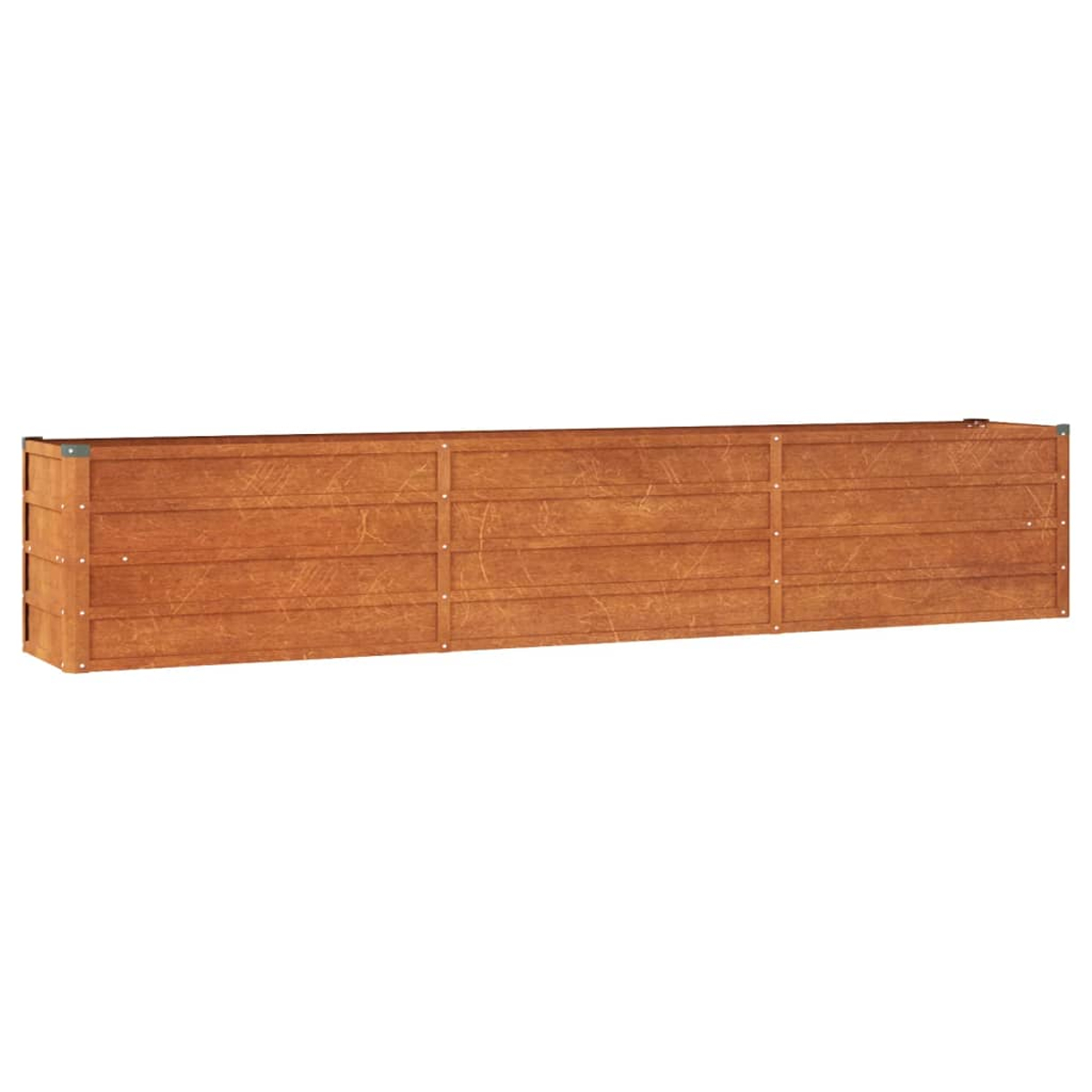 Ein langer, rechteckiger Pflanzkasten aus Holz. Er hat drei Abschnitte und sichtbare Maserung.