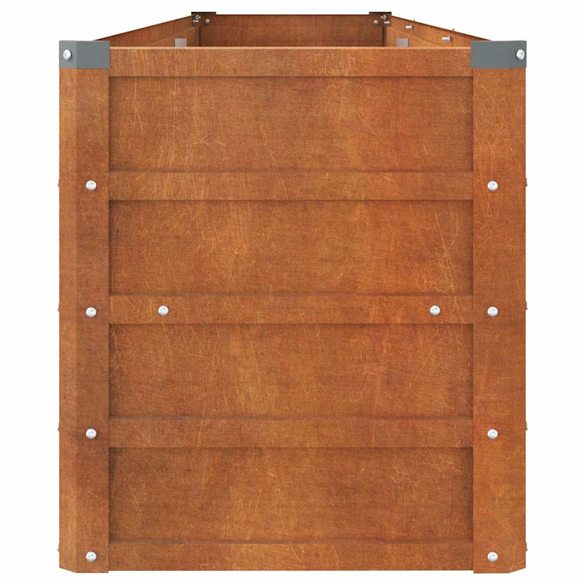 Draufsicht auf einen rechteckigen Holzpflanzer mit horizontalen Brettern und Metallecken.