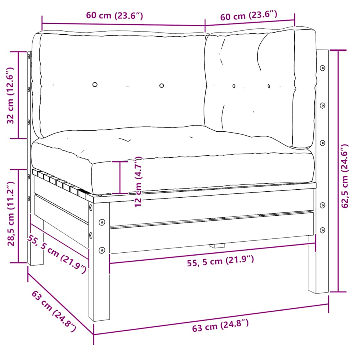 Ein Diagramm eines Ecksofas. Maße sind angegeben. Das Sofa hat ein dickes Kissen. Weißer Hintergrund.