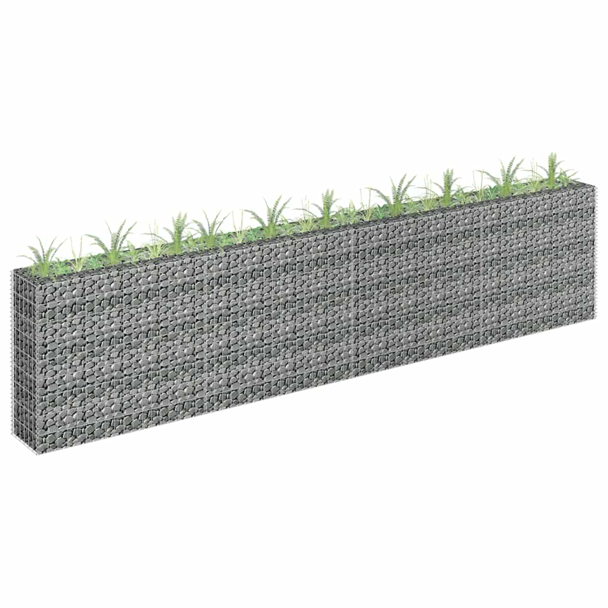 Gabionenwand gefüllt mit Steinen, bekrönt mit grünem Gras. Die Wand ist rechteckig und stabil.