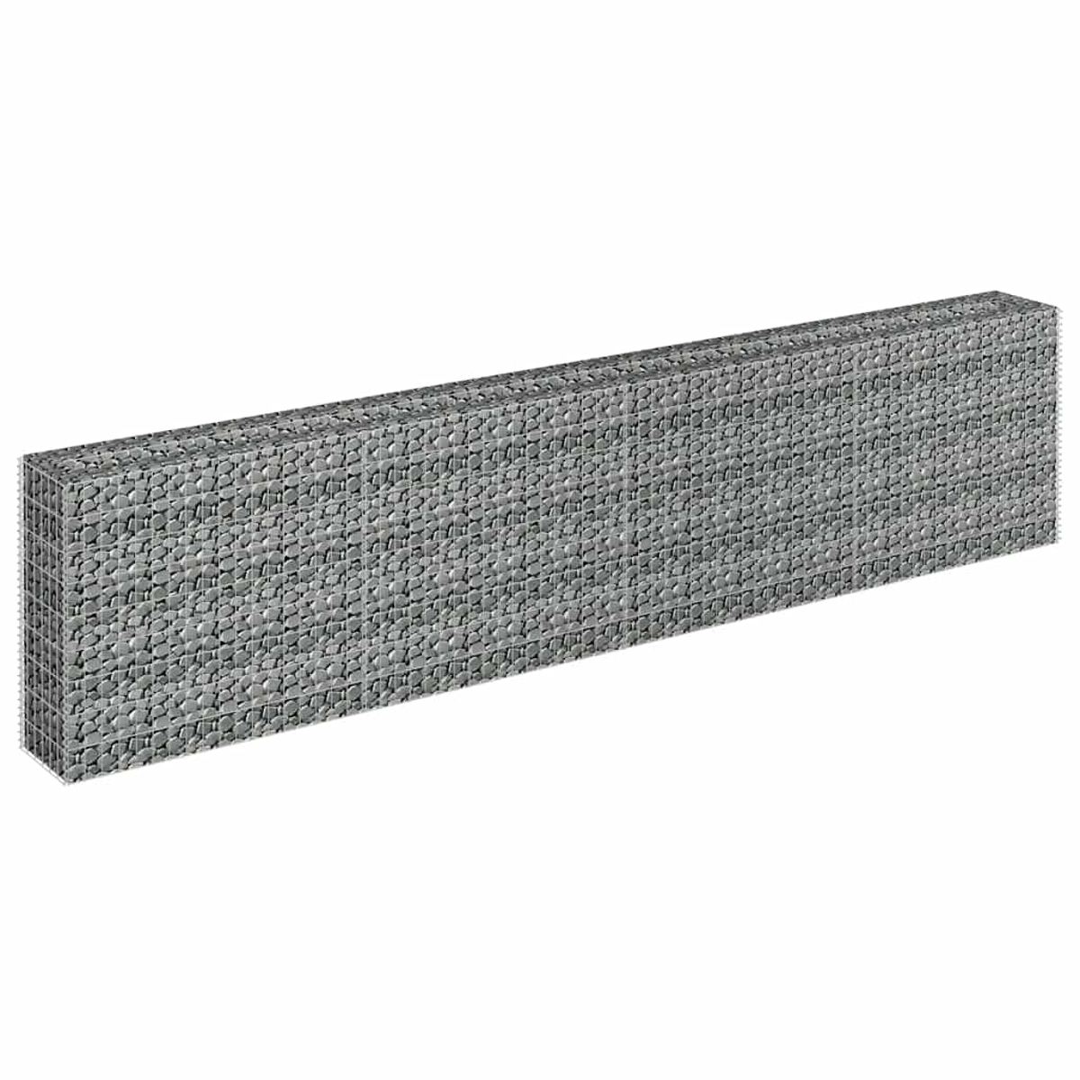 Rechteckige Gabionenwand gefüllt mit Steinen. Das Drahtgeflecht ist sichtbar und die Steine sind grau.