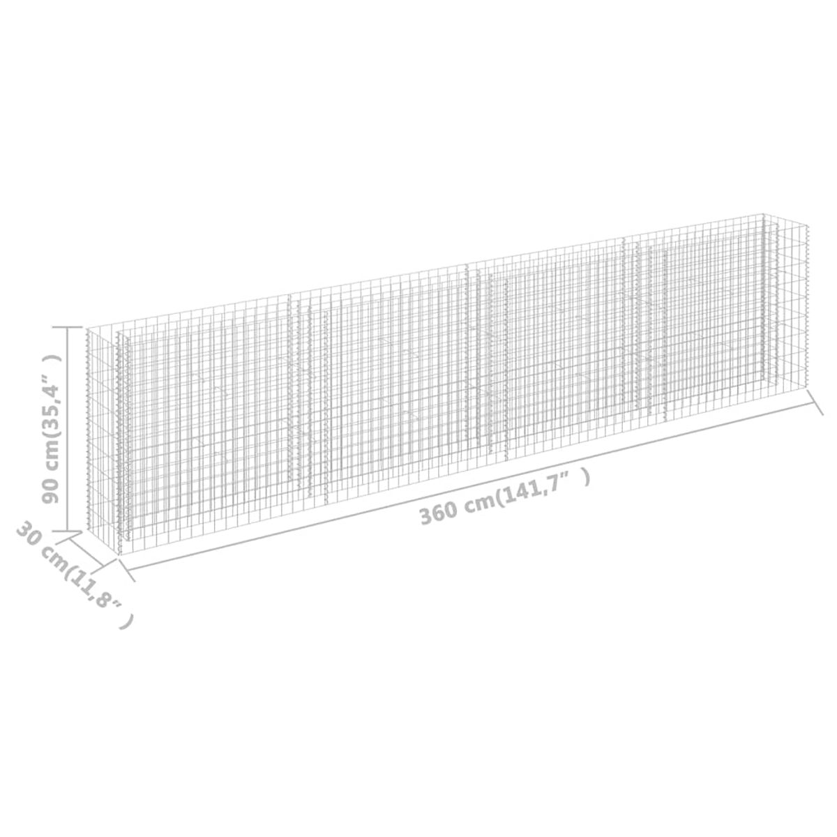 Ein langer, rechteckiger Gabion. Der Gabion besteht aus Metalldraht und hat Abmessungen in Zentimetern.