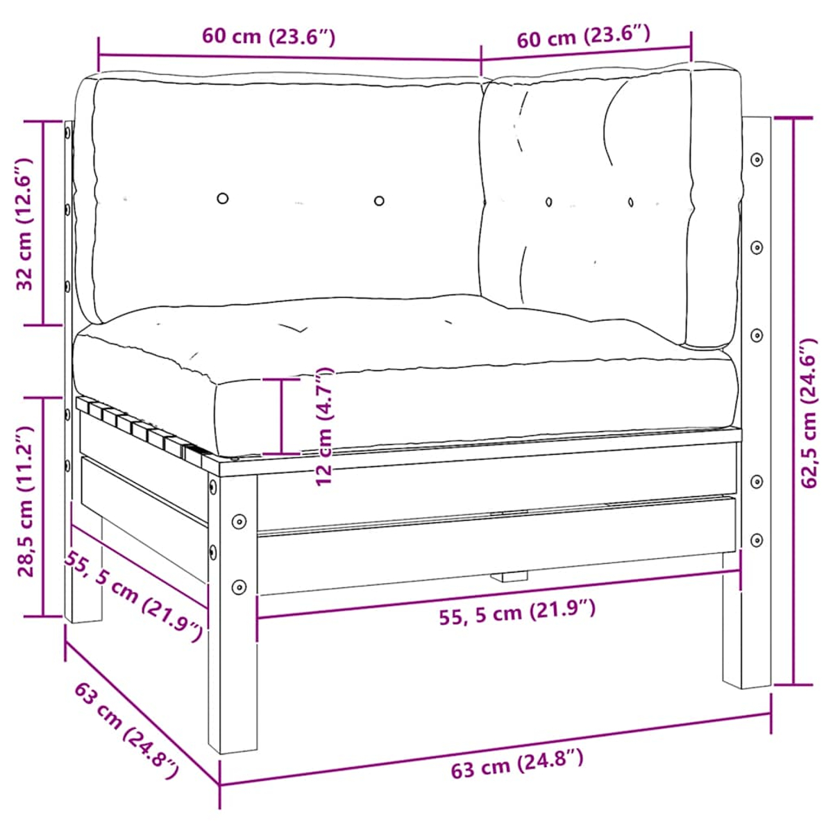 Diagramm eines Ecksofas mit Abmessungen in cm und Zoll. Es ist eine Draufsicht.
