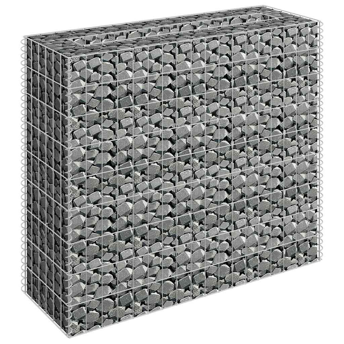 Rechteckiger Gabion gefüllt mit grauen Steinen. Der Drahtrahmen ist um die Steine ​​deutlich sichtbar.