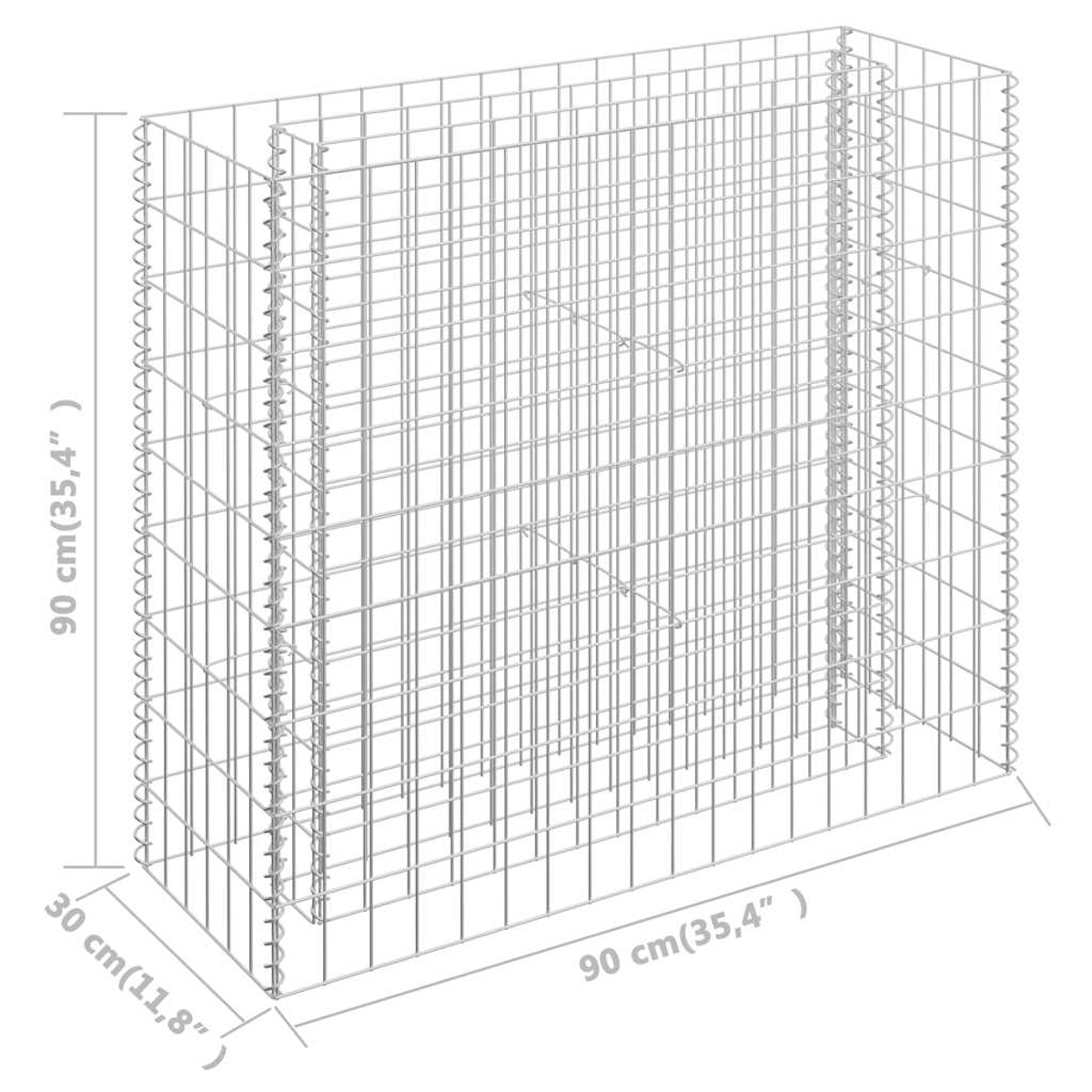 Ein rechteckiger Metallgabion, 90x90x30 cm, gefüllt mit Steinen. Das Metallgitter ist sichtbar.