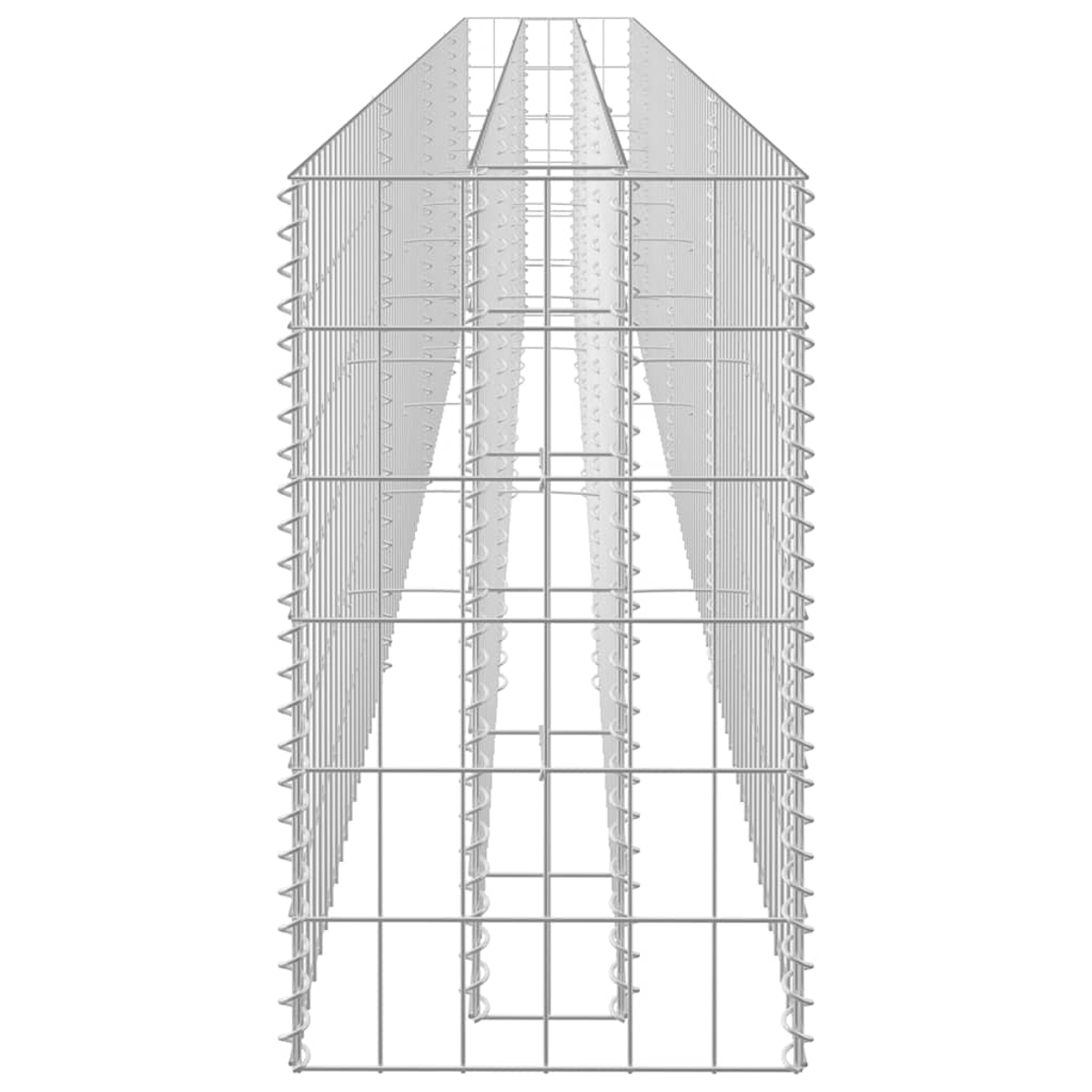 Gabionen-Käfigstruktur, vertikal, Drahtgeflecht, offene Oberseite, weißer Hintergrund.
