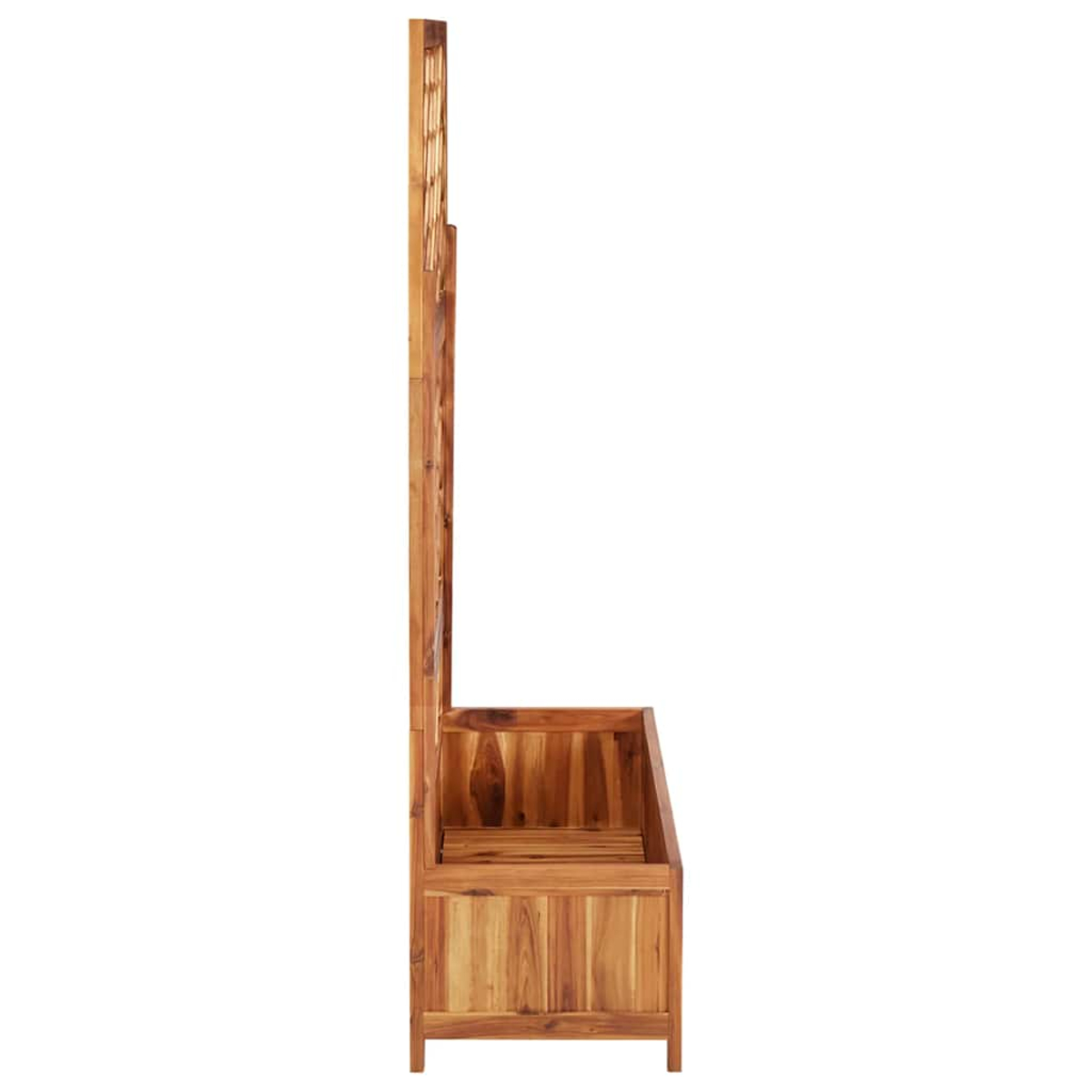 Seitenansicht einer Holzbank mit hohem Rücken. Mit einem Staufach.