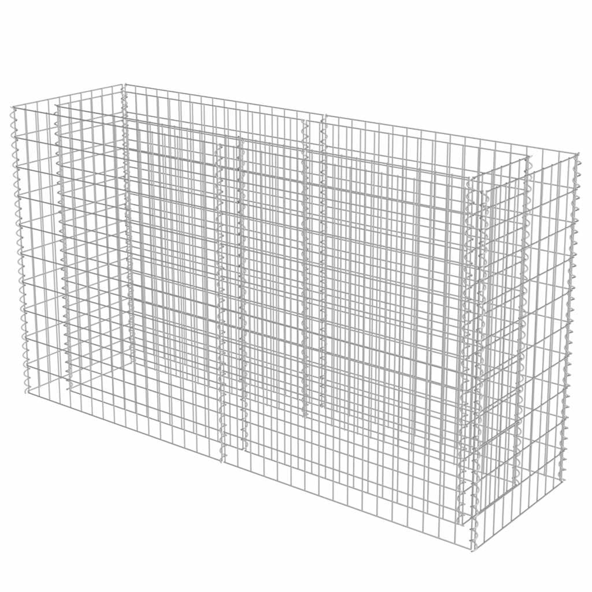 Ein rechteckiger Drahtgitter-Gabion, leer, auf weißem Hintergrund.