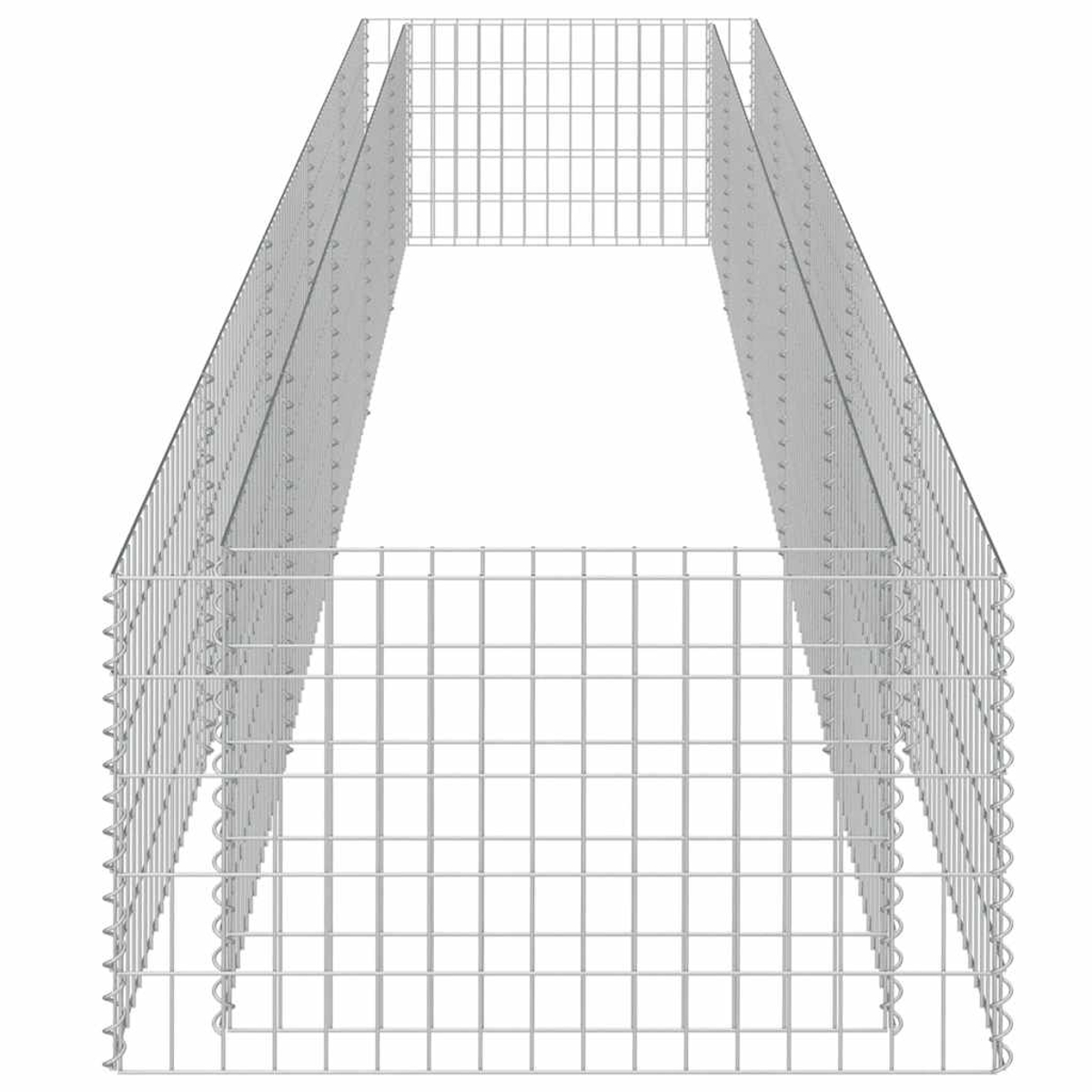 Ein gabionenkäfig, trapezförmig, leer, mit weißem Hintergrund.
