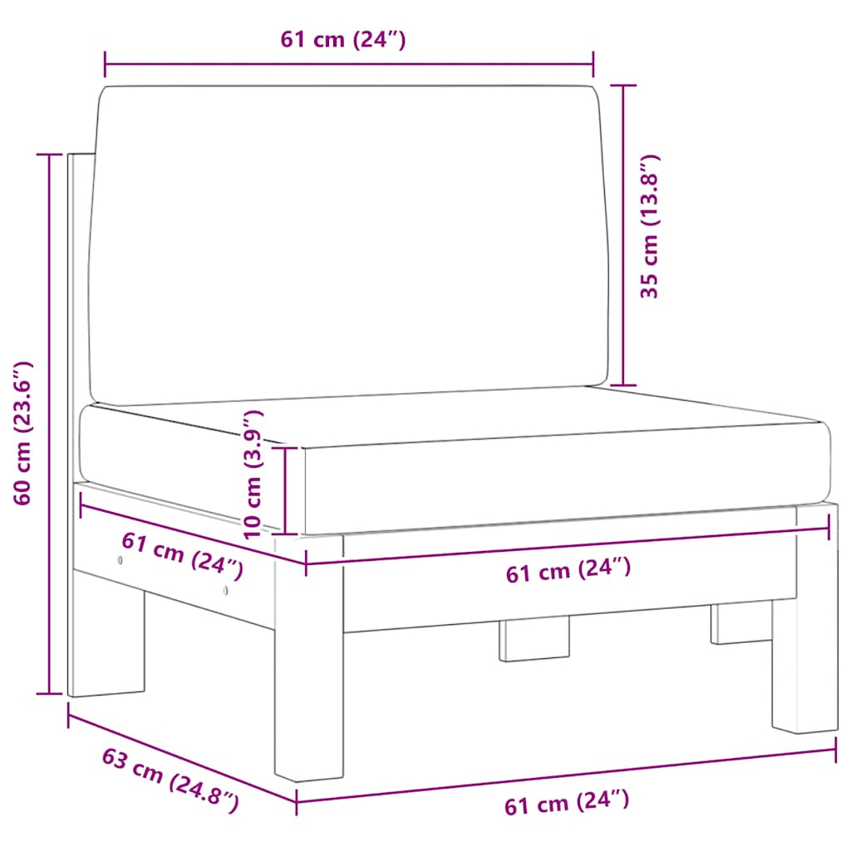 Diagramm eines Einzelsitzsofas mit Abmessungen in cm und Zoll, Sitz und Rücken zeigend.