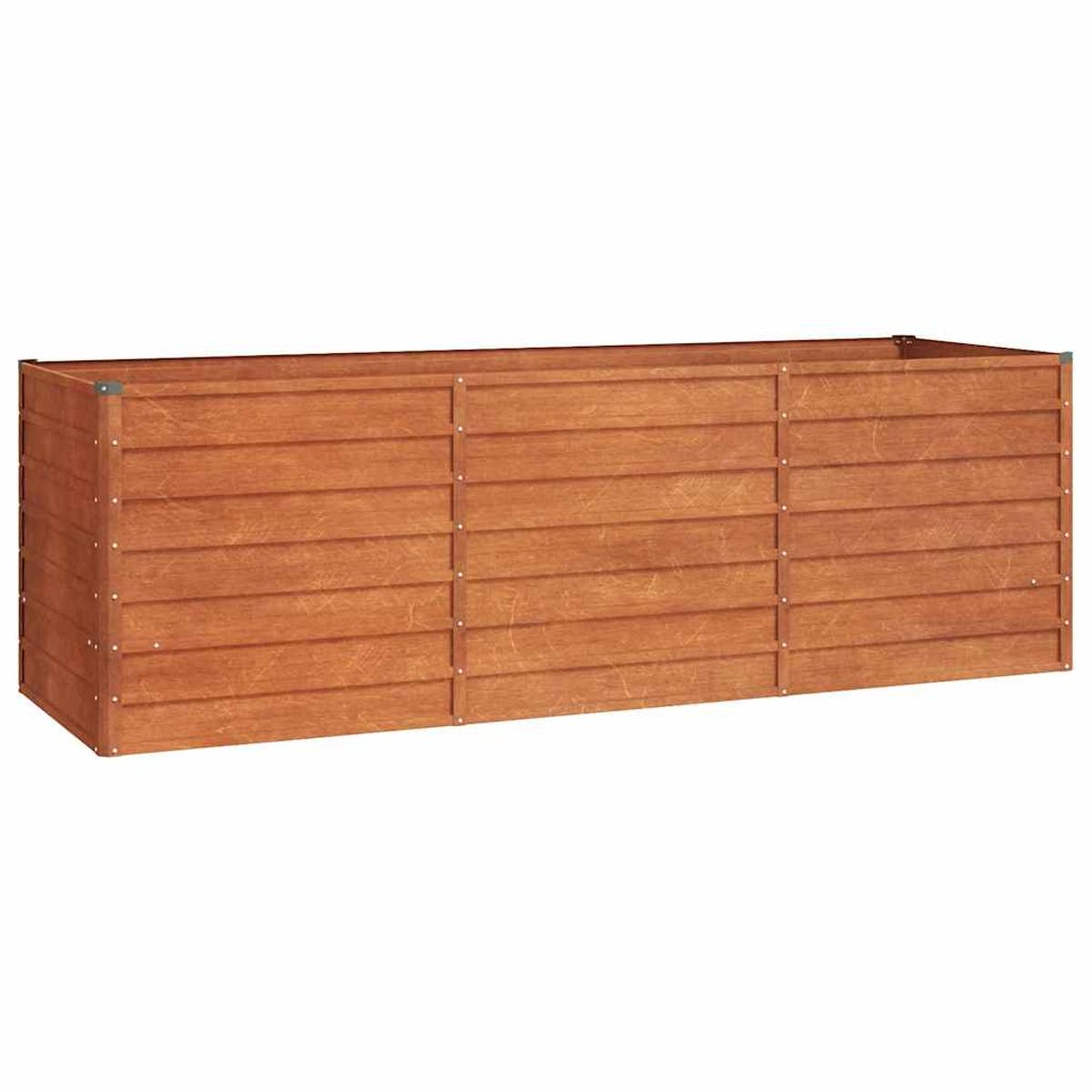 Rechteckiger Pflanzkasten aus Holz, mittelbraun, horizontale Lamellen. Metallecken.