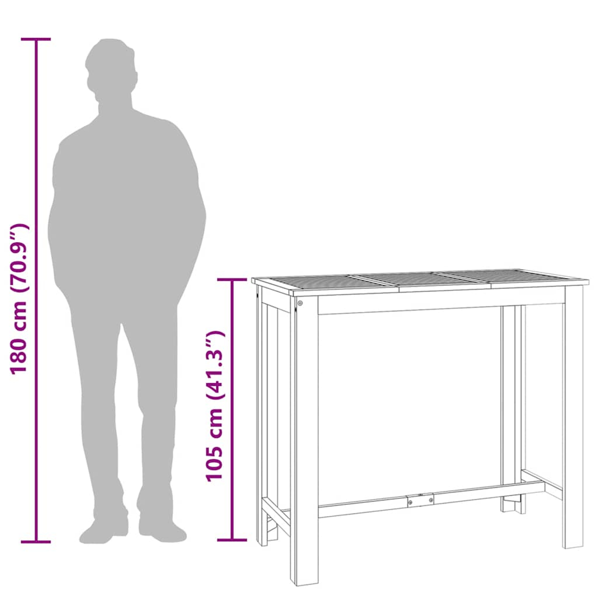 Zeichnung einer Person neben einem Tisch. Die Person ist 180 cm groß, der Tisch 105 cm hoch.