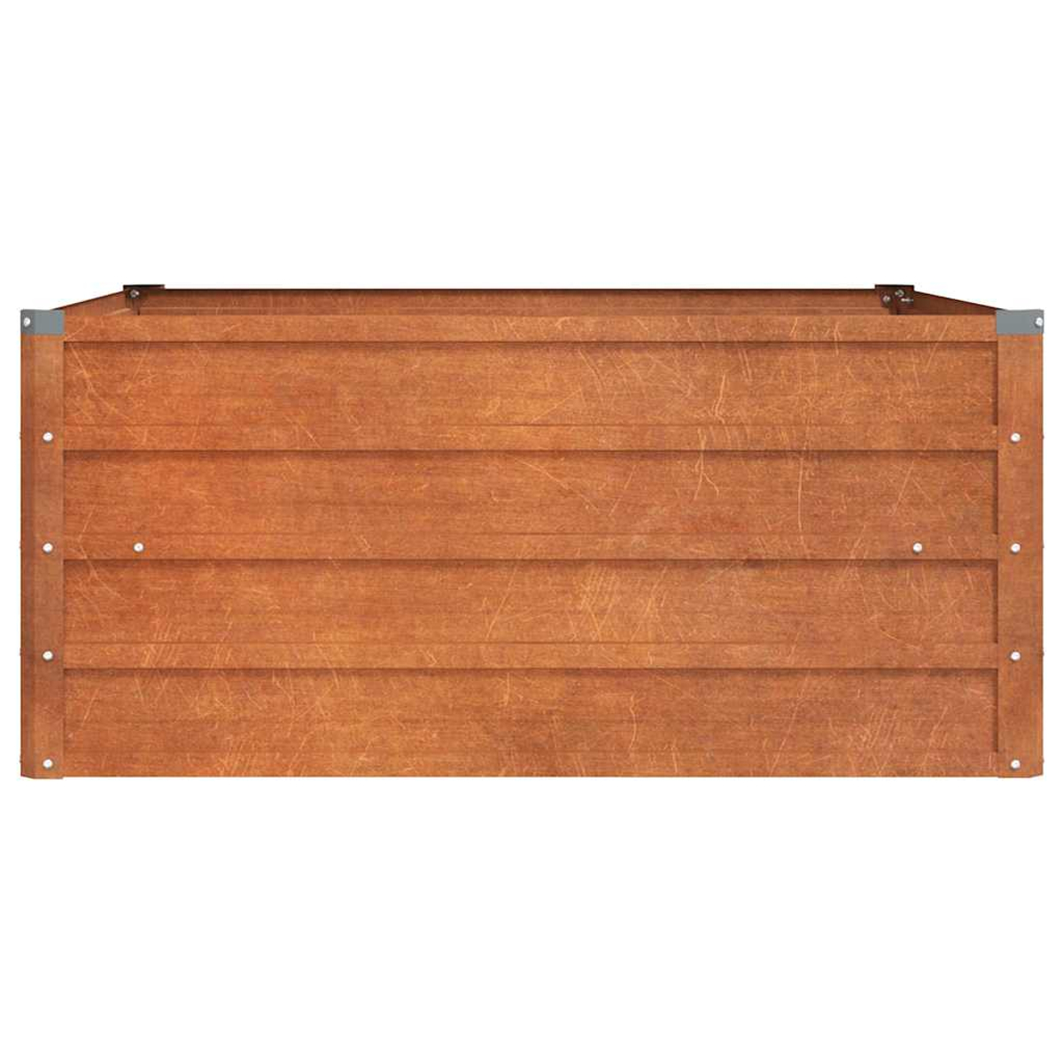 Draufsicht auf einen rechteckigen Pflanzkasten aus Holz mit horizontalen Lamellen und Metallecken.