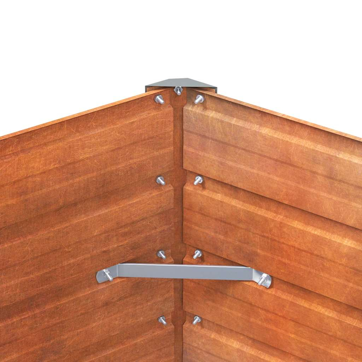 Nahaufnahme einer Holzeckverbindung mit Metallwinkel und Schrauben. Braunes Holz auf weißem Hintergrund.