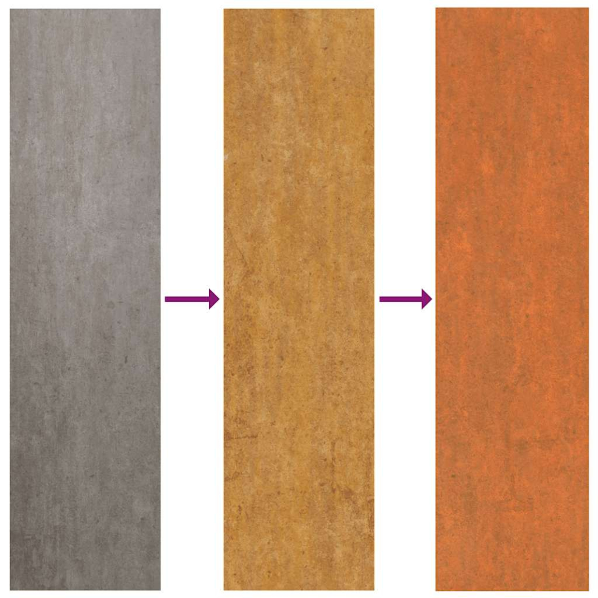 Drei Farbmuster: Grau, Gelb und Orange, die eine Farbtransformation veranschaulichen.