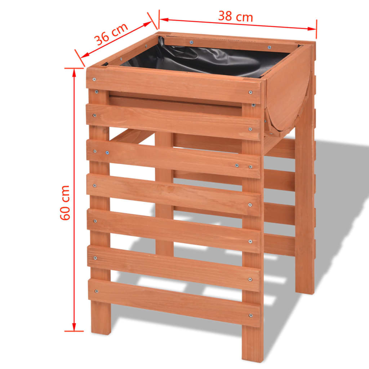 Holzpflanzer mit beschrifteten Abmessungen. Quadratisch mit schwarzem Liner.