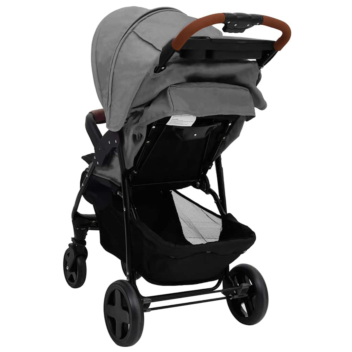 Ein grauer Kinderwagen mit einem schwarzen Aufbewahrungskorb und einem braunen Griff. Er hat ein graues Verdeck.