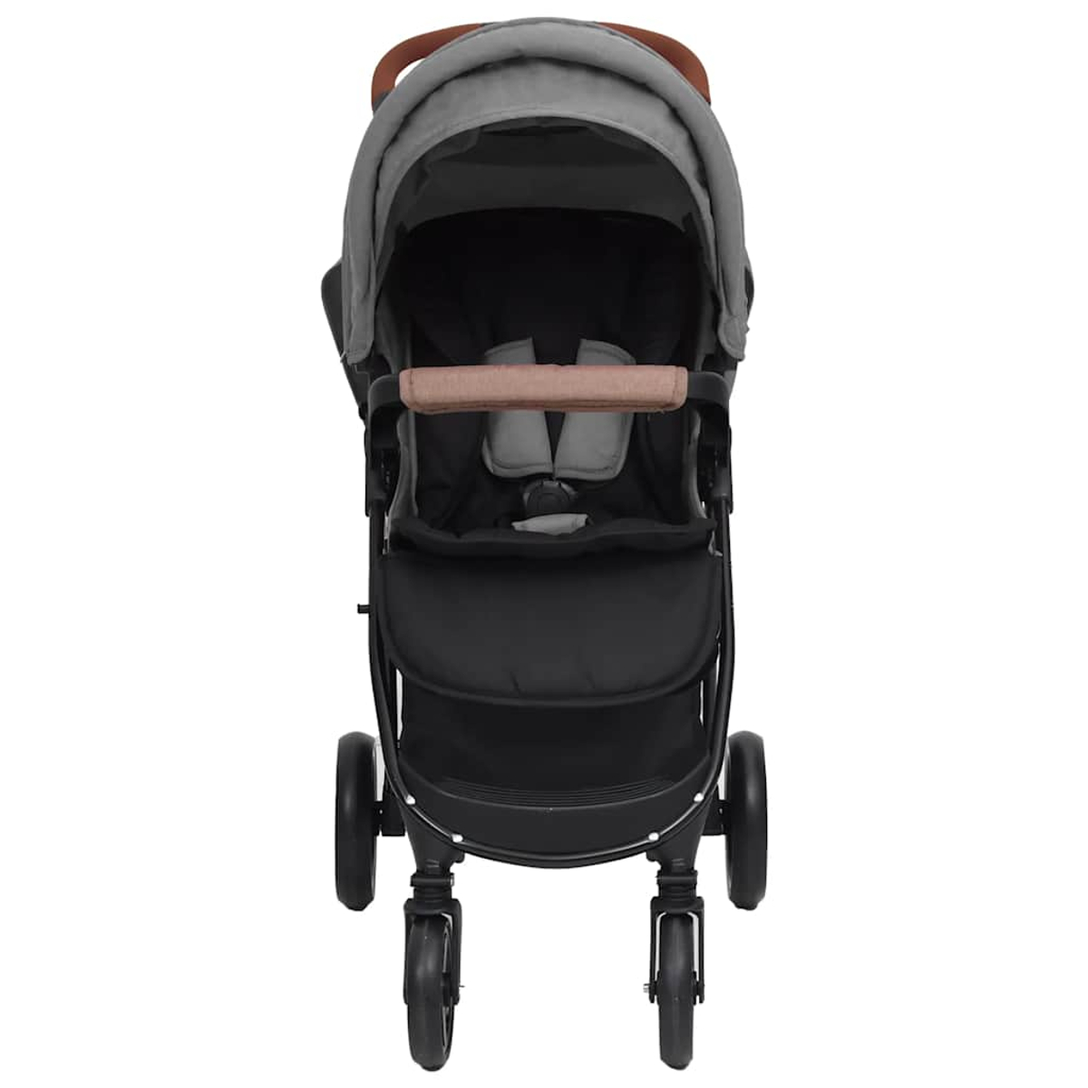 Vorderansicht eines grauen Kinderwagens mit schwarzem Sitz und Korb, braunem Griff und ausgefahrenem Verdeck.