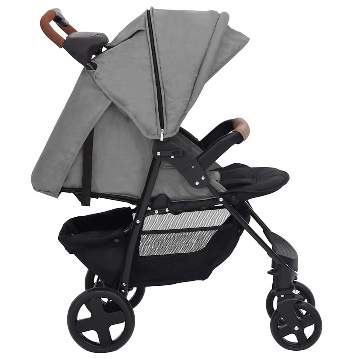 Ein grauer Kinderwagen mit schwarzem Korb und braunem Griff. Das Verdeck ist ausgefahren.