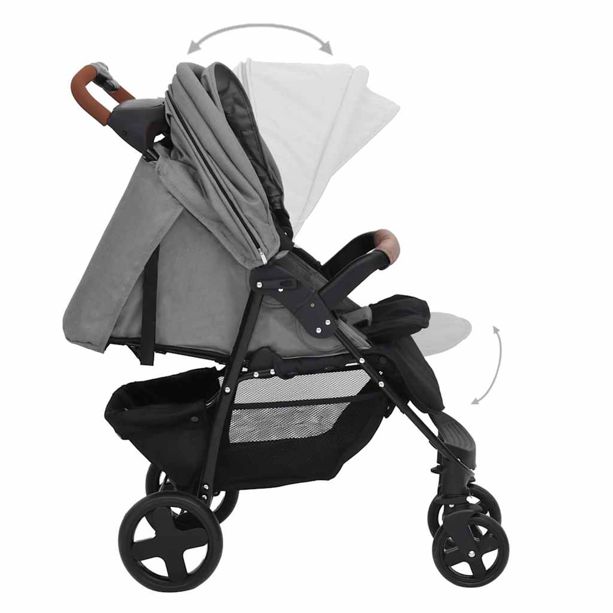 Ein grauer Kinderwagen mit schwarzem Korb, braunem Griff und schwarzen Rädern. Das Verdeck ist offen.