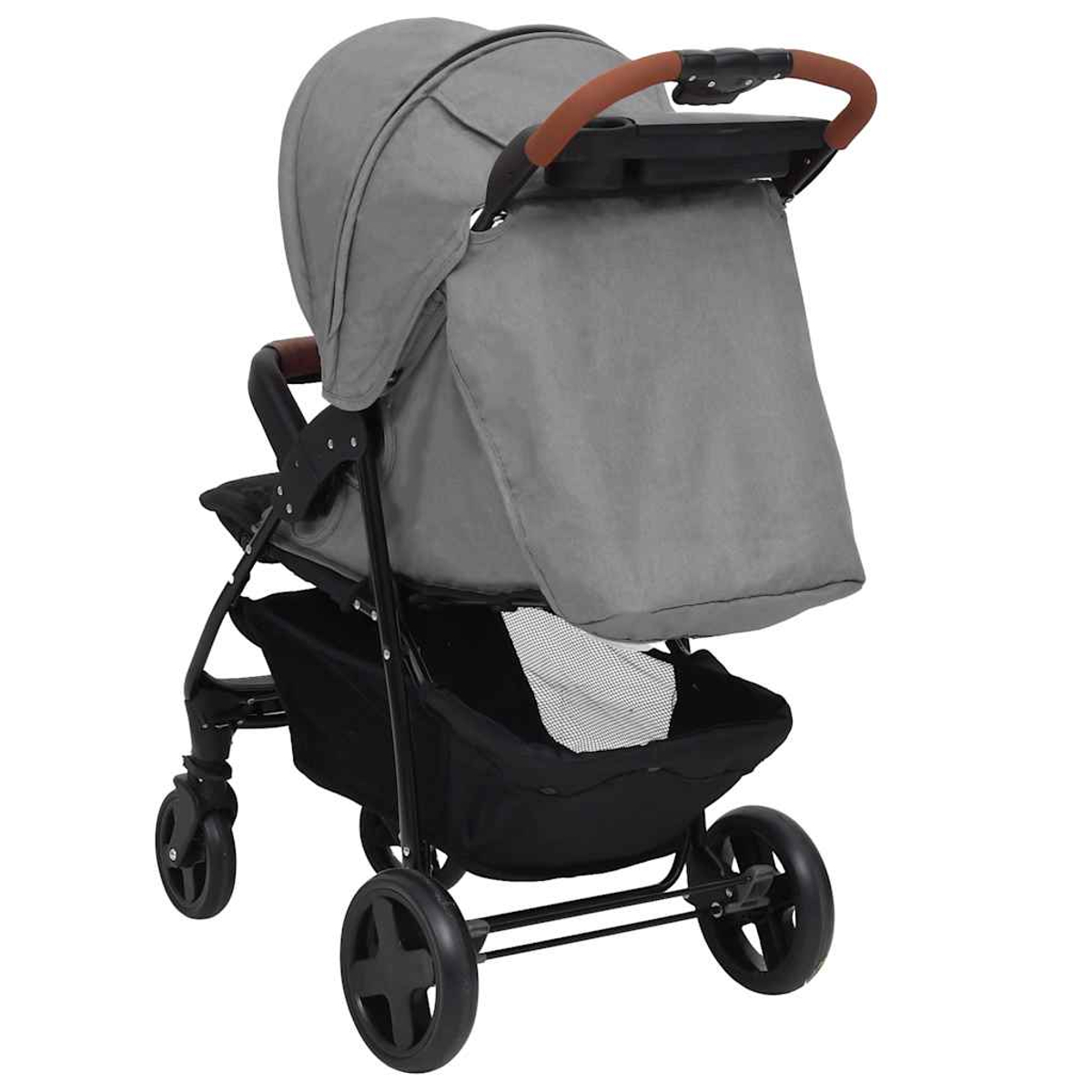 Ein grauer Kinderwagen mit schwarzem Rahmen, Rädern und braunem Griff. Er hat ein Verdeck und einen Aufbewahrungskorb.