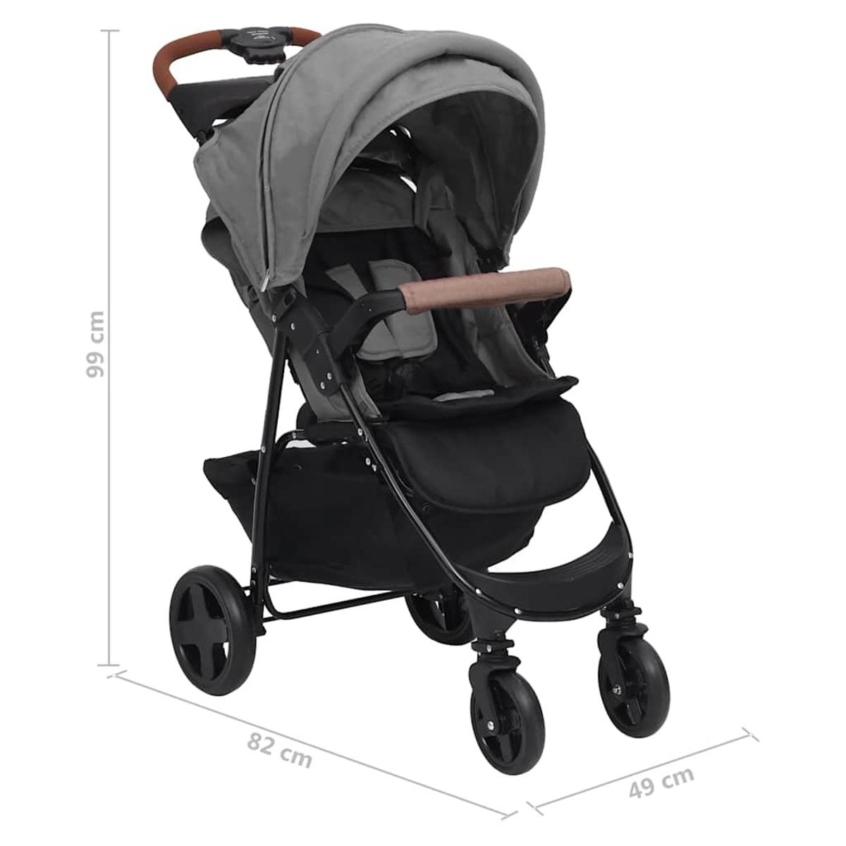 Ein grauer Kinderwagen mit schwarzem Rahmen. Er hat vier Räder und einen braunen Griff. Abmessungen sichtbar.