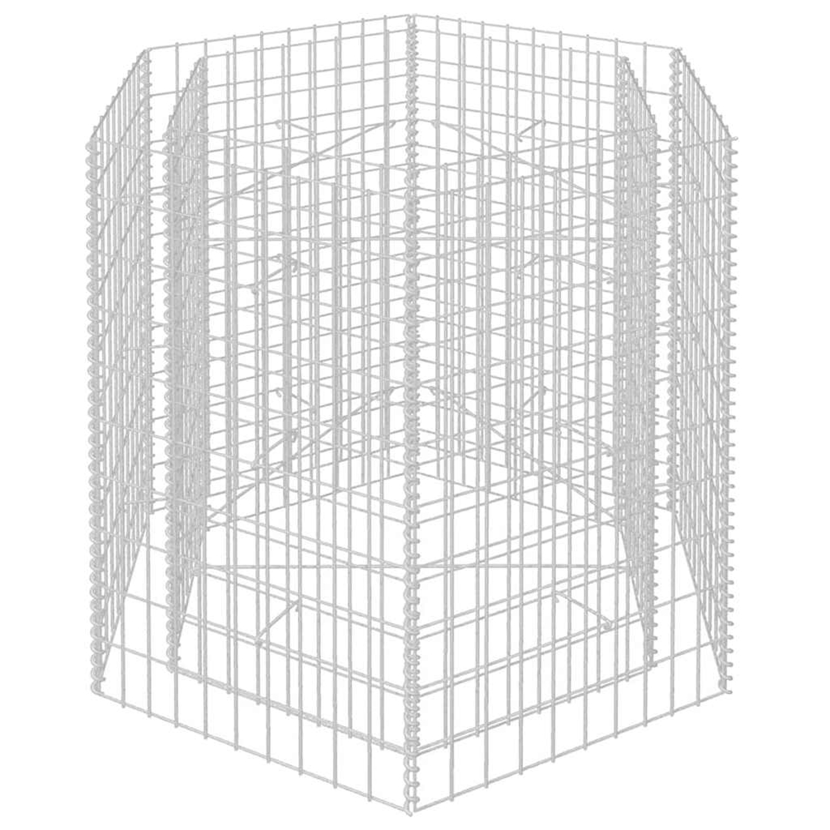 Ein Drahtgeflecht-Gabion. Es ist eine hohe, oben offene, sechseckige Struktur aus Metall.