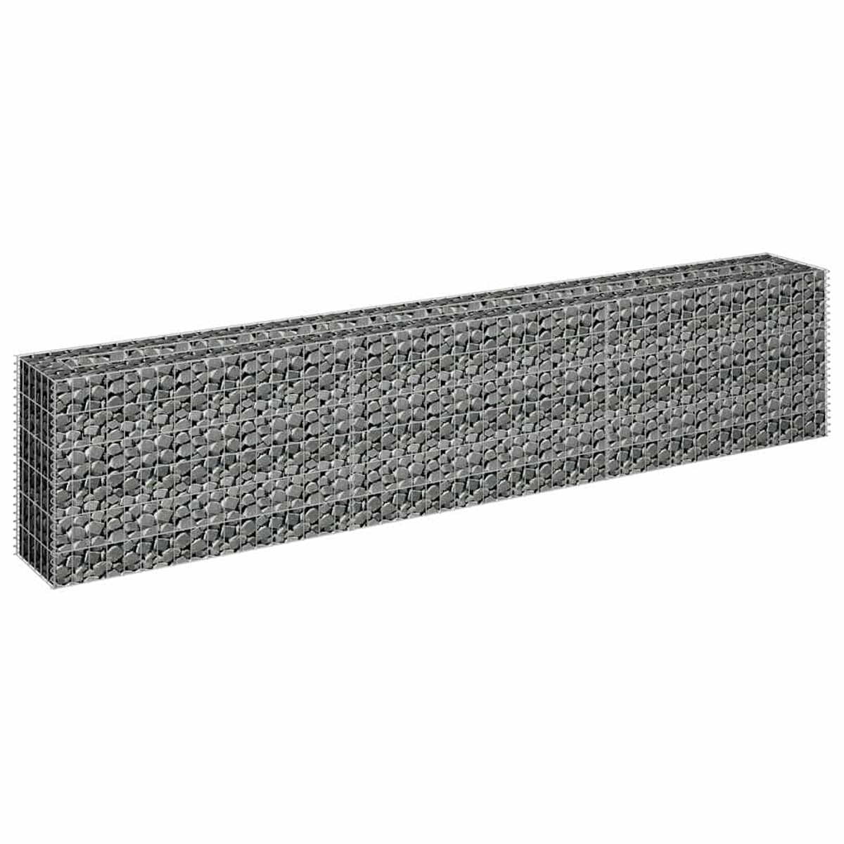 Langer rechteckiger Gabion gefüllt mit grauen Steinen, Drahtrahmenstruktur.