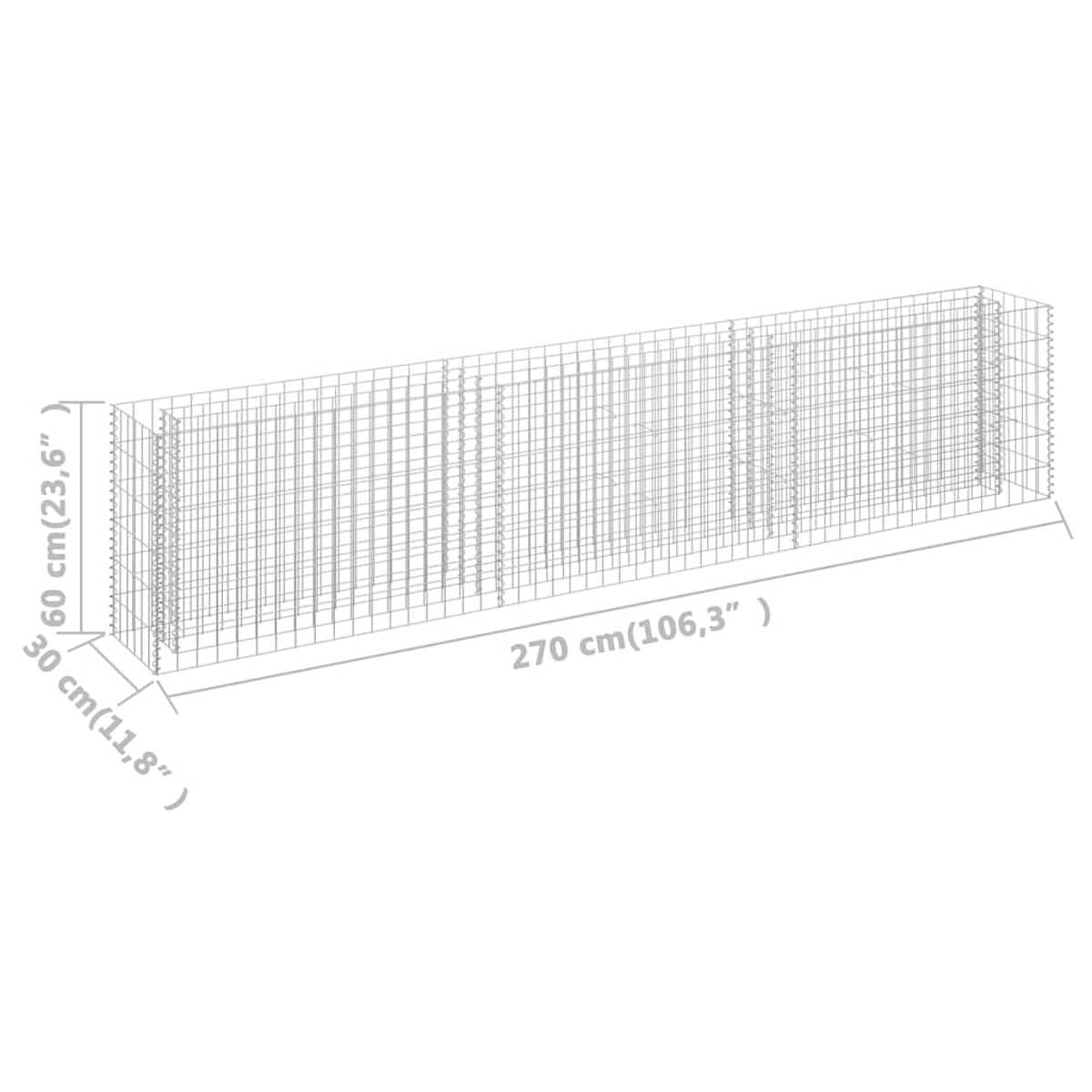 Eine Drahtgitterstruktur, mit Maßen in cm. Sie ist 270 cm lang und 60 cm breit.