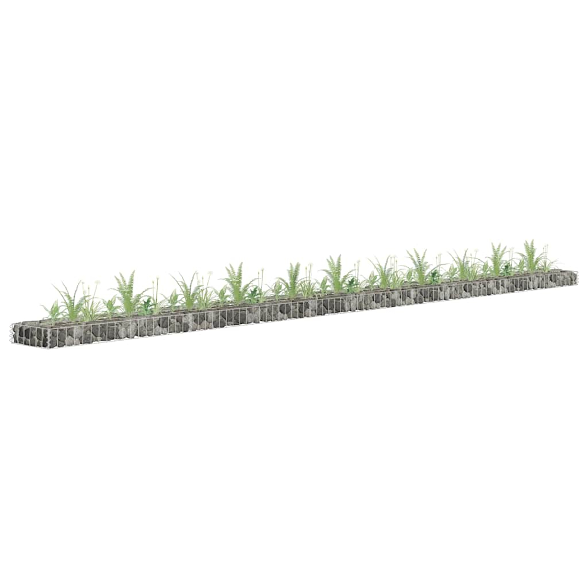 Ein langes rechteckiges Blumenbeet mit Pflanzen und Steinakzenten.