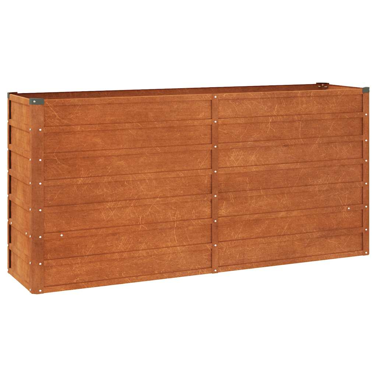 Eine rechteckige Holzpflanzkiste mit natürlicher Holzoberfläche auf weißem Hintergrund.