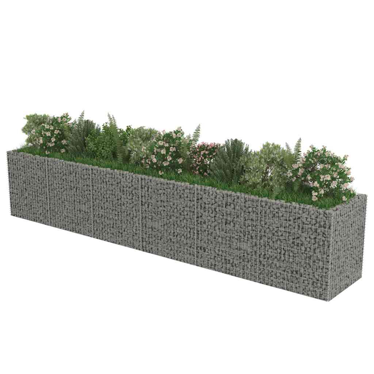 Ein rechteckiger Gabionen-Pflanzkasten, gefüllt mit verschiedenen grünen Pflanzen und Blumen.
