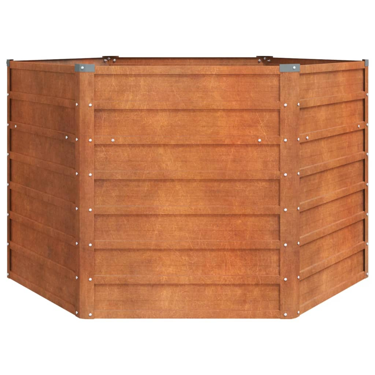 Eckpflanzer aus Holz. Es hat horizontale Bretter, braune Farbe und ist quadratisch geformt.