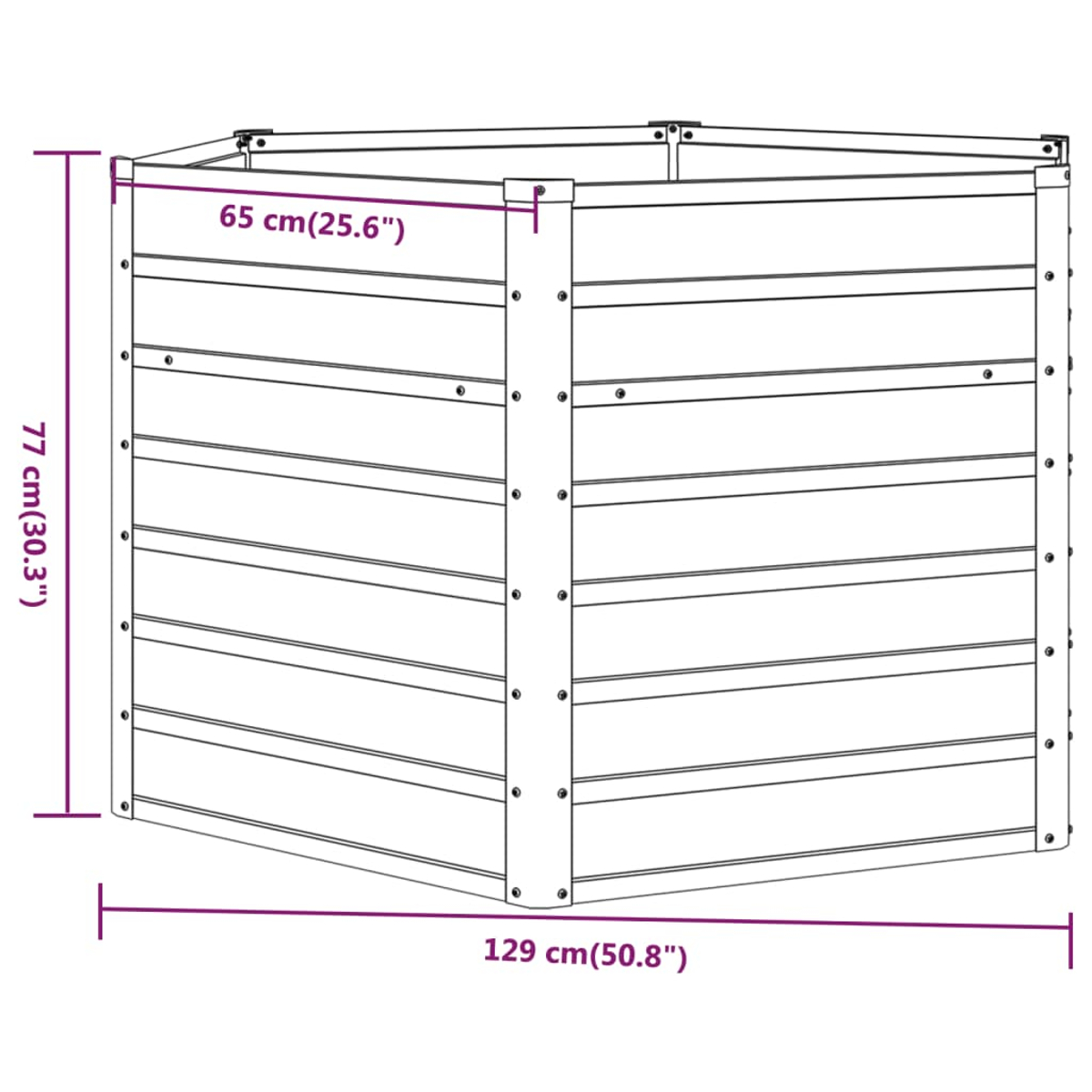 Diagramm einer hölzernen Pflanzkasten mit Maßen. Der Pflanzer hat eine quadratische Form.