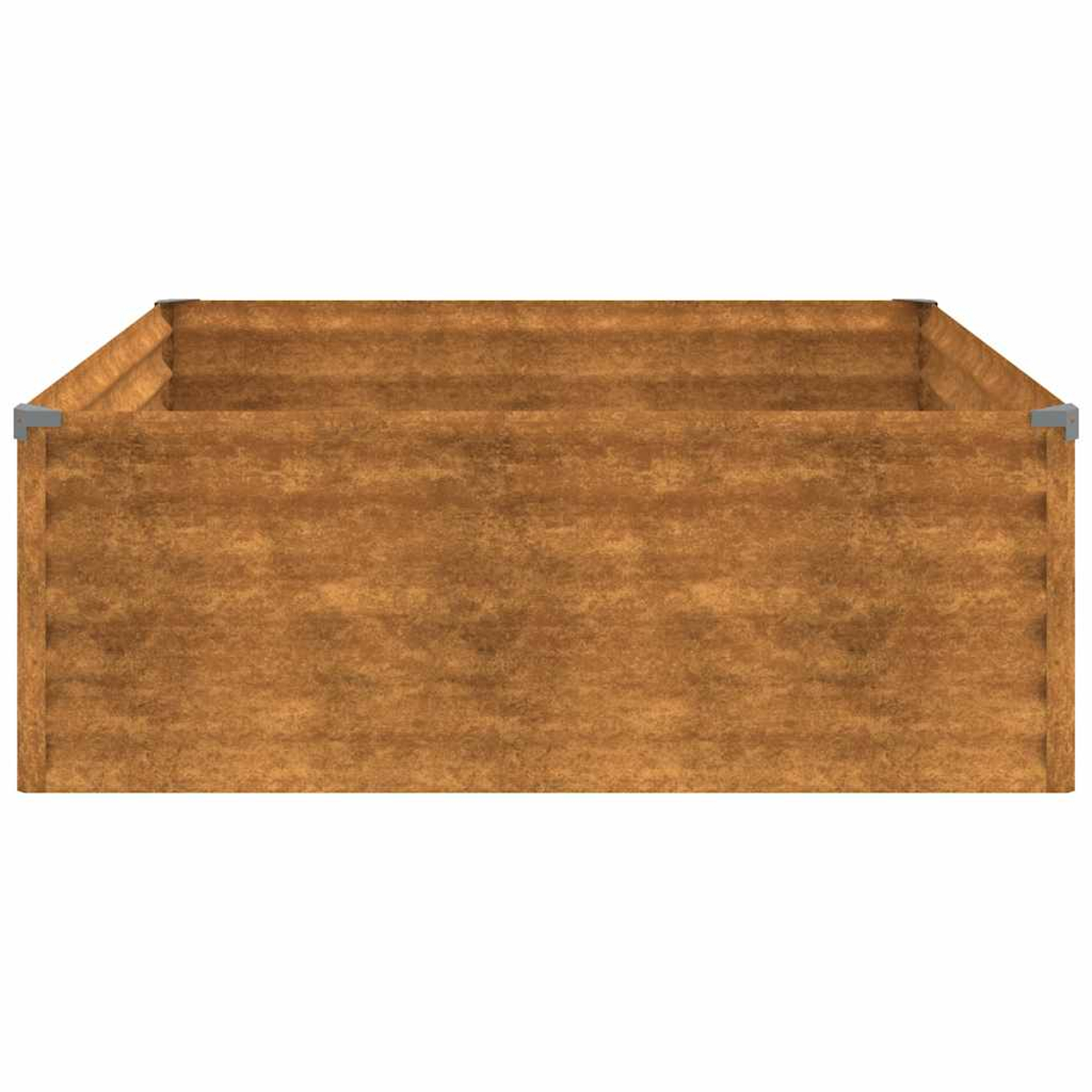 Draufsicht auf einen rechteckigen Holzblumentopf mit Metallecken. Das Holz hat eine strukturierte, braune Optik.