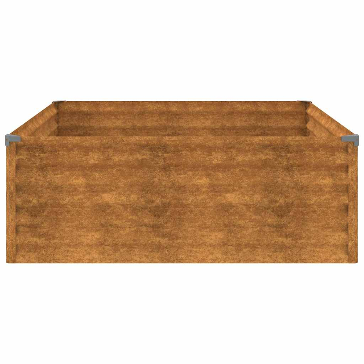 Draufsicht auf einen rechteckigen Holzblumentopf. Er hat Metallecken und eine braune, strukturierte Optik.