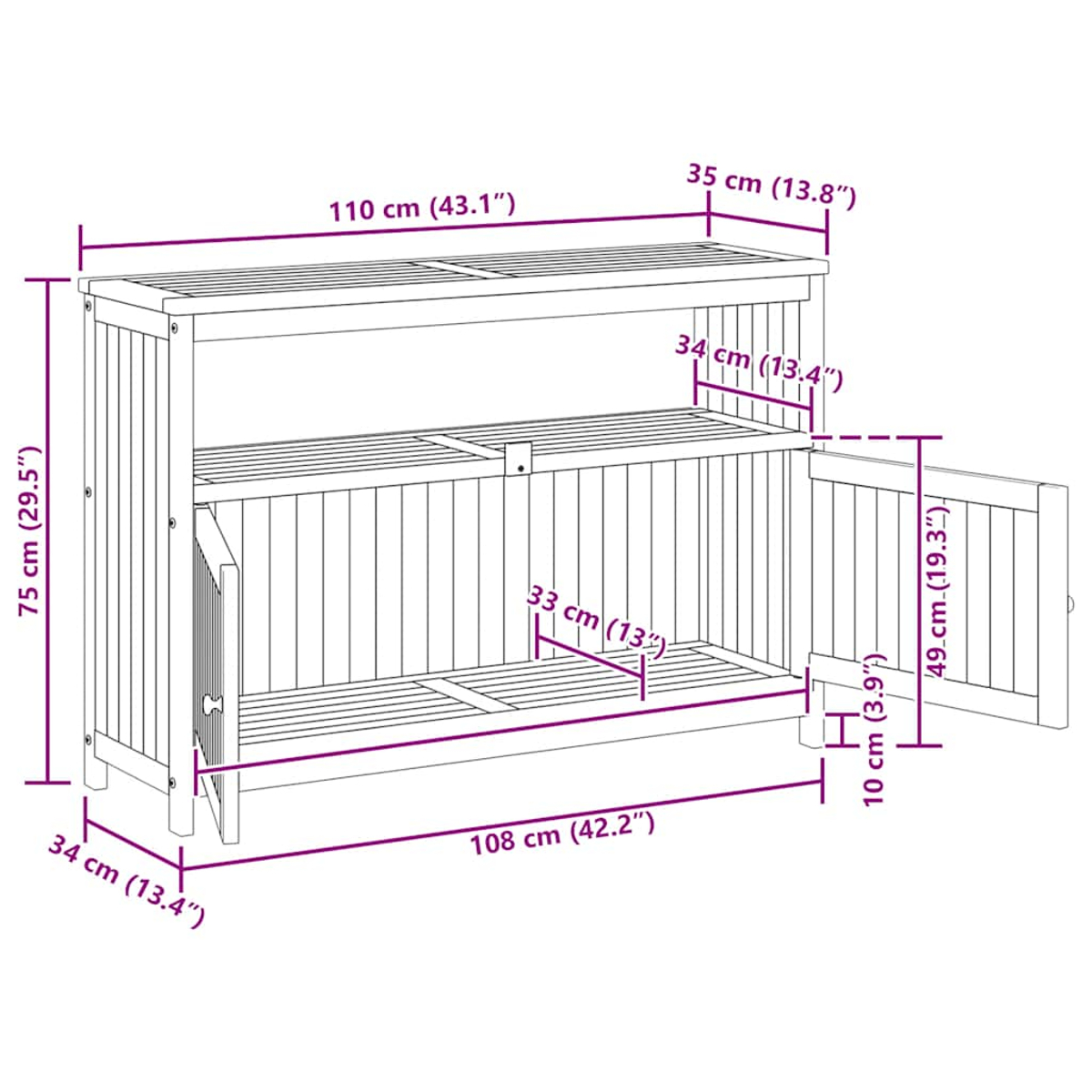 Ein Diagramm eines Holzschranks mit Abmessungen in cm und Zoll. Der Schrank hat offene Türen.