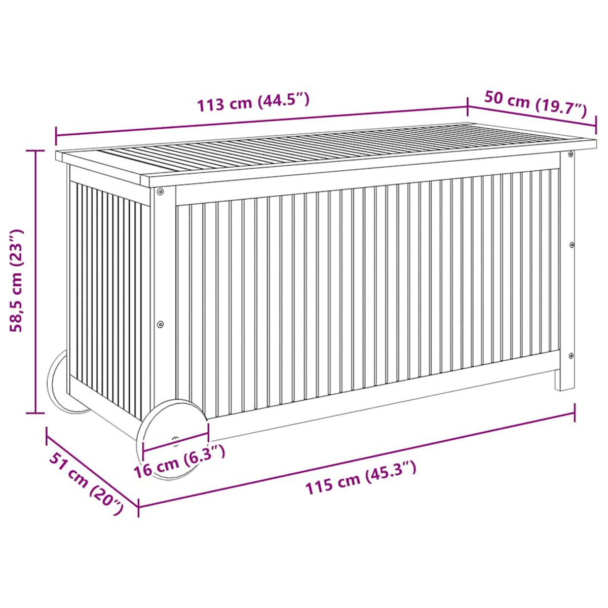 Diagramm einer hölzernen Outdoor-Aufbewahrungsbox, mit Abmessungen in cm und Zoll. Die Box ist rechteckig.