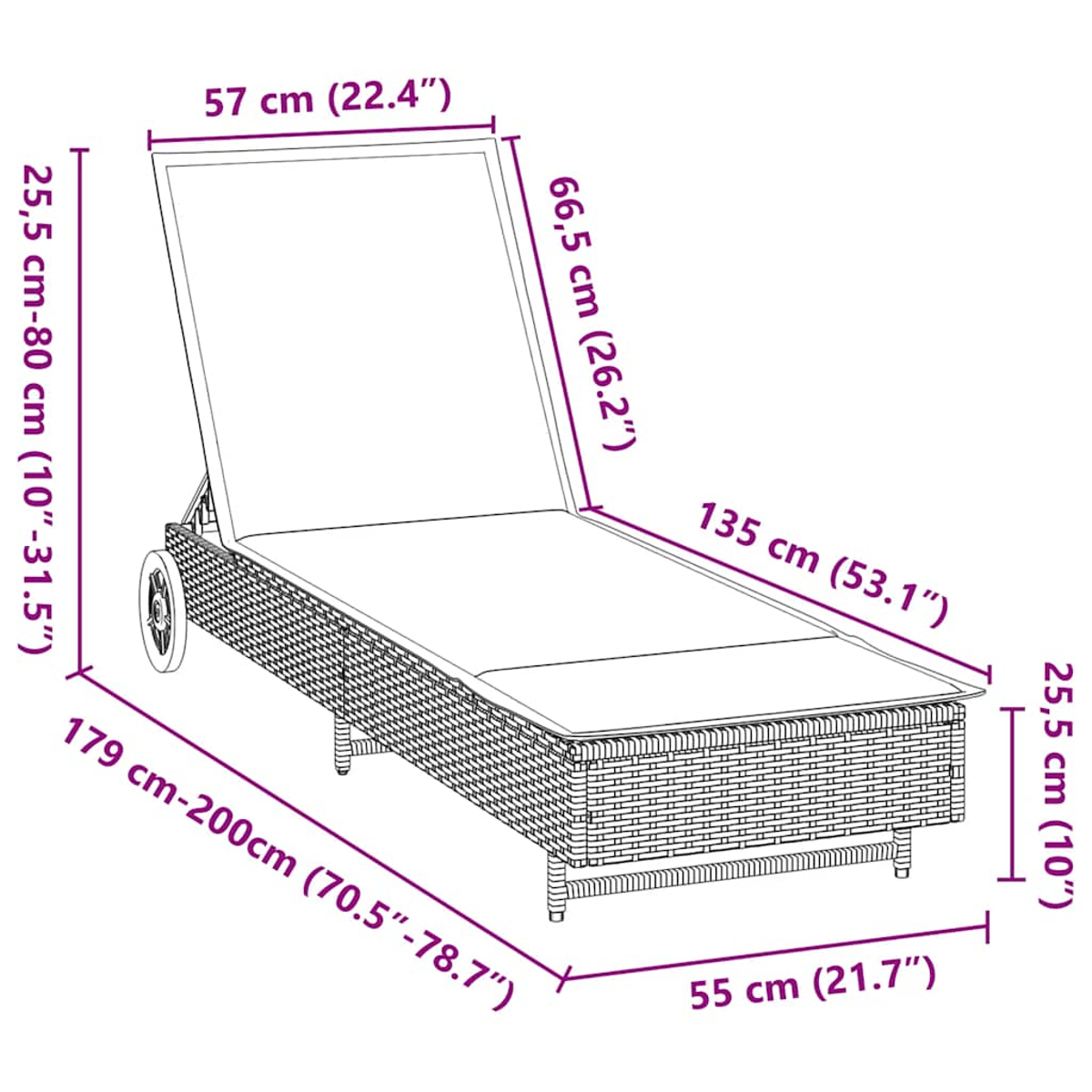 Un'immagine che mostra le dimensioni di una chaise longue in vimini con poggiatesta.