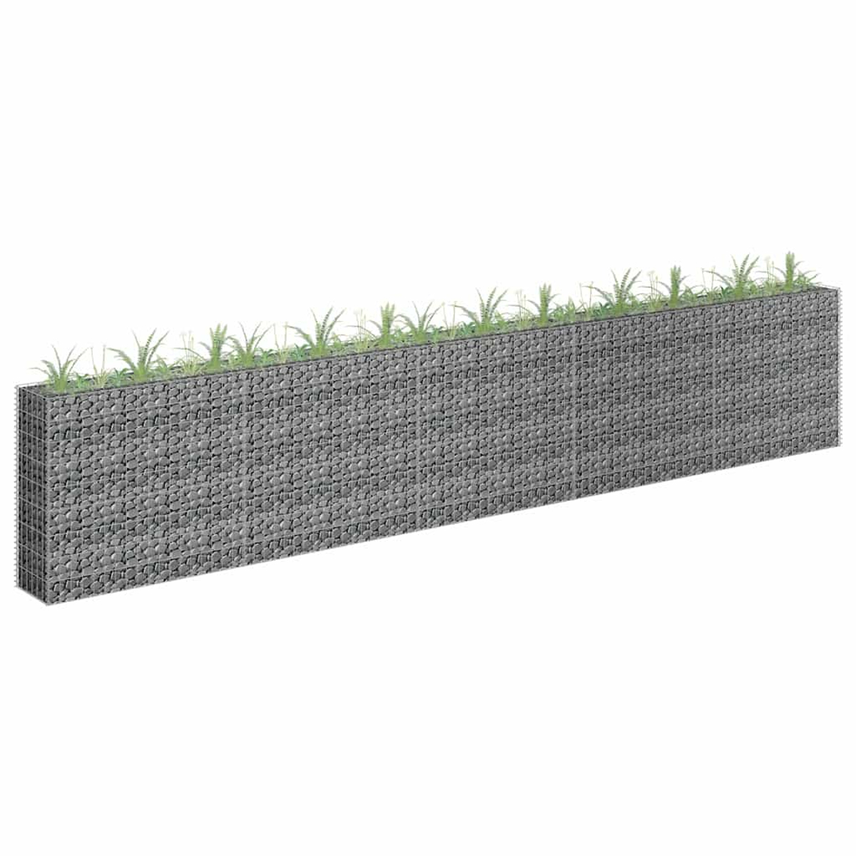 Ein langer, rechteckiger Gabionenkorb, gefüllt mit Steinen und mit grünem Gras bedeckt.