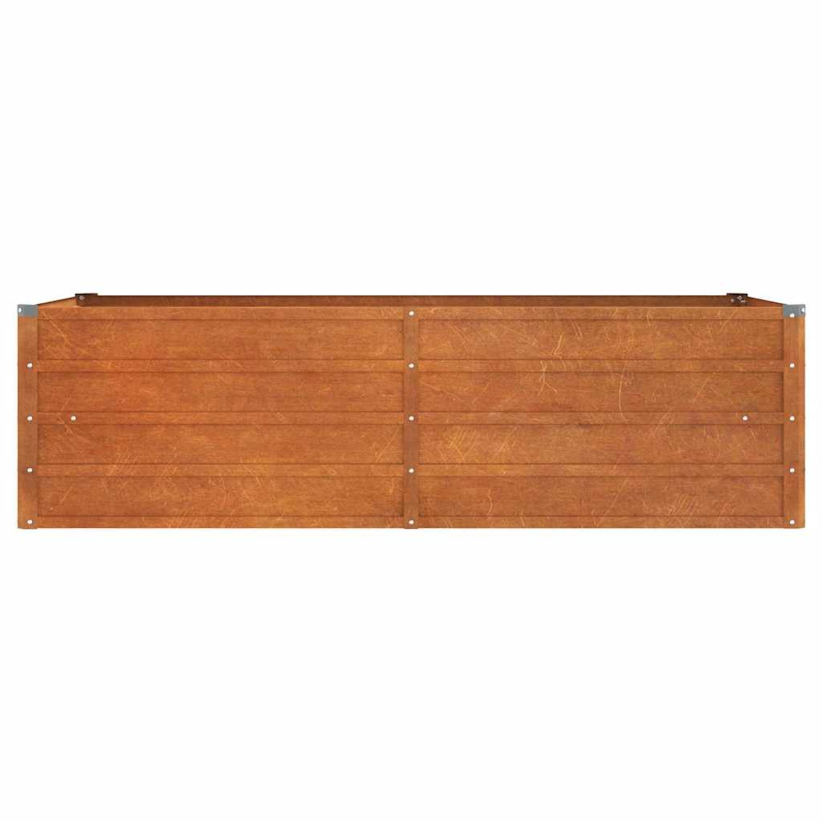 Draufsicht auf einen braunen, rechteckigen Pflanzkasten aus Holz. Die Holzmaserung ist sichtbar.