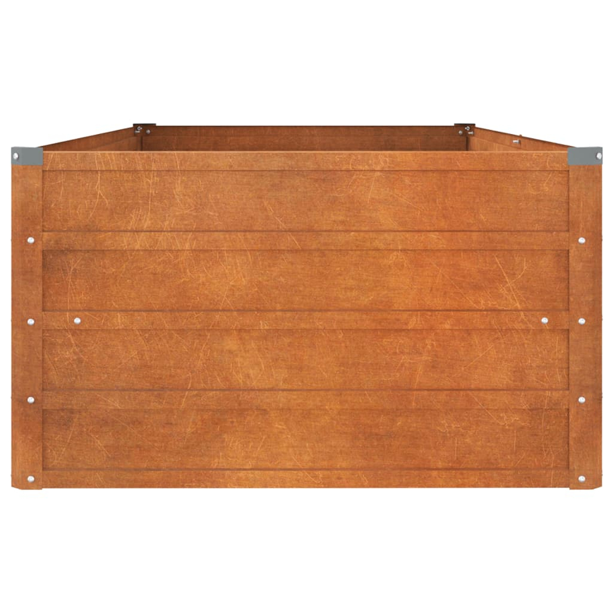 Draufsicht auf einen hölzernen Pflanzkasten. Das Holz ist braun mit sichtbarer Maserung und Metallecken.